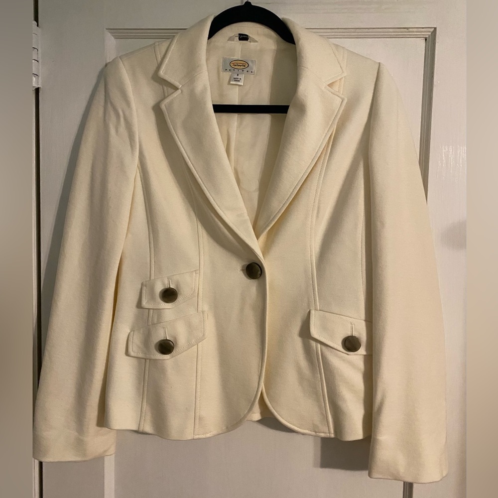 Talbots Womens Blazer Jacket Size 8 Ivory Cream Wool Blend Stretch Career Lined